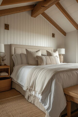 Cozy bedroom interior design. Modern light house or hotel room with comfortable large king size bed, luxury linen and stylish trendy minimal or classic decor background. Bedroom home furniture shop .