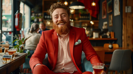 Homme en costume rouge vif dans un pub après le travail, afterwork festif - obrazy, fototapety, plakaty