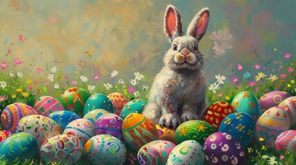 Cute white rabbit surrounded by bright Easter eggs on green grass