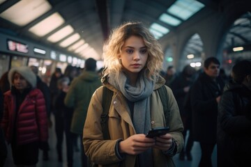 woman standing on a train station platform crowded with people, looking at her mobile phone. ai generated