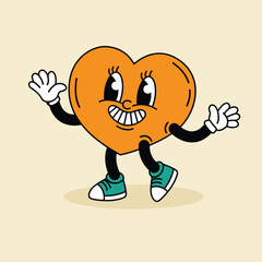 Fun heart in groove style.Retro 60s character.Cartoon vector illustration, print