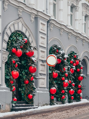 Beautiful christmas decoration cafe facade in Vilnius old town. 