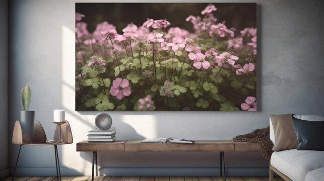 hyper-realistic images of a Geranium grove in an artistic studio. Frame the composition to capture the simplicity and beauty of Geranium flowers, creating a tranquil and cinematic atmosphere.