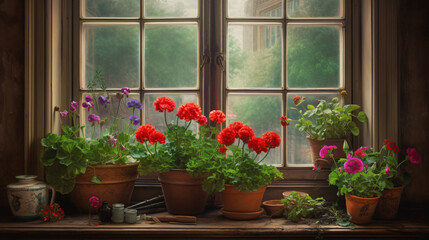 Fototapeta na wymiar hyper-realistic images of Geranium blossoms adorning a Victorian windowsill. Frame the composition to showcase the vibrant colors and intricate details of Geranium flowers against the backdrop