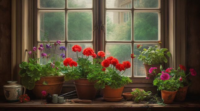  hyper-realistic images of Geranium blossoms adorning a Victorian windowsill. Frame the composition to showcase the vibrant colors and intricate details of Geranium flowers against the backdrop