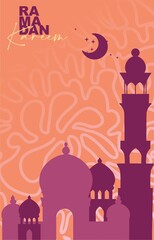 Poster on the theme of Ramadan celebration. Traditional Arabic elements and motifs in bright colors with text on a colored background. Digital illustration suitable for invitations, cards, flyers