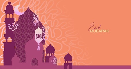 Poster on the theme of Ramadan celebration. Traditional Arabic elements and motifs in bright colors with text on a colored background. Digital illustration suitable for invitations, cards, flyers