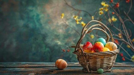 Easter celebration with colorful painted eggs in a basket on a rustic wooden table with room for text