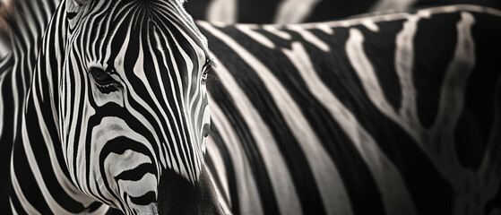 Fototapeta na wymiar Banner of a zebraon blured nature background, with empty copy space ,
