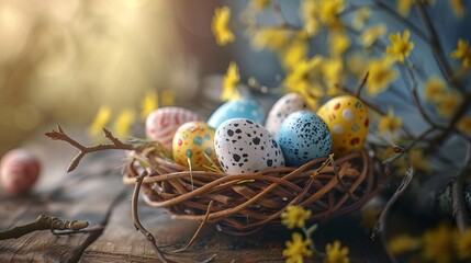 Easter celebration with colorful painted eggs in a basket on a rustic wooden table with room for text