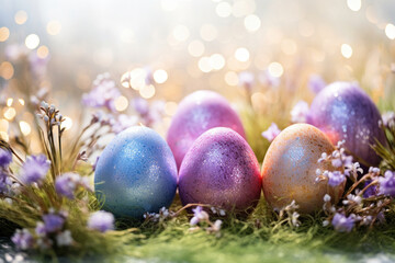 Fototapeta na wymiar Glittering Easter eggs amongst spring lavender flowers