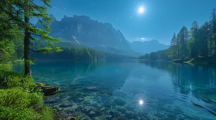 Tuinposter Background with moon over the lake, Generative AI © 예슬 김