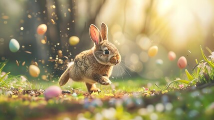 Happy Easter celebration with running bunny and flying eggs - obrazy, fototapety, plakaty
