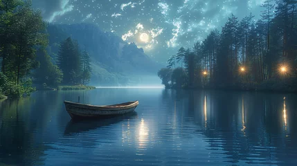 Tuinposter Background with moon over the lake, Generative AI © 예슬 김