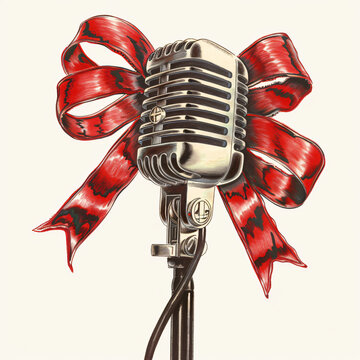 Microphone in retro style with red ribbon.