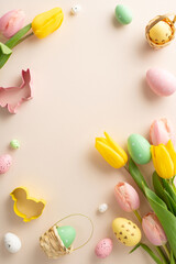 Excited April Party Enthusiast: vertical top-view capture featuring cookies baking molds, vivid eggs, baskets, fresh tulips on pastel beige scene. Plenty of space for your text or promotional material