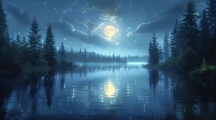 Tuinposter Background with moon over the lake, Generative AI © 예슬 김