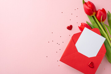 8 March composition perfection: from top view, a red envelope with a date request, sequins, heart...