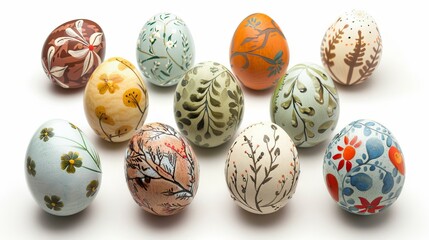 Colorful Easter eggs in a row on a wooden table over the white background