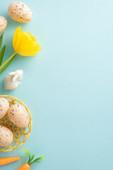 Springtime Easter layout. A vertical top view of eggs in a bowl, bunny-friendly carrots, and tulip...