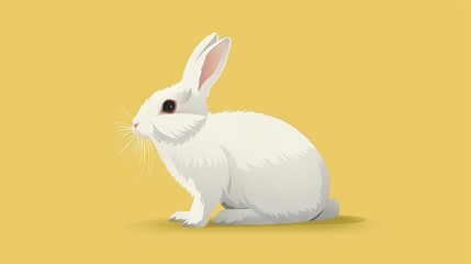 Fototapeta premium Cute white bunny with colorful eggs and flowers on pastel background