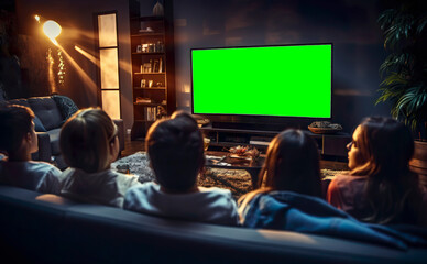 Group of friends watching a football movie on TV set. Back view of young people sitting on sofa and watching TV. Group of 5 friends relaxing on couch at home, enjoying media television. green screen