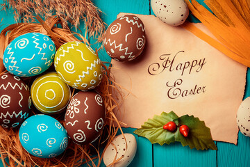 Happy Easter. Easter Card. Easter Eggs Background. Easter Day Celebration. - 742597190