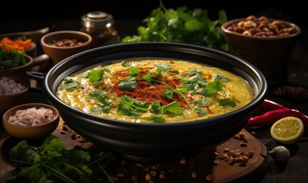 a bowl of haleem, capturing the rich texture and spices 