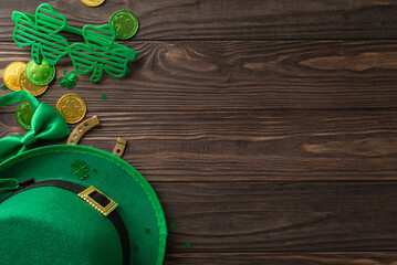 Lively St. Patrick's montage from a top view, showing shamrocks, fairy tale hat, coins, gala...