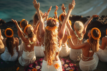 Women in a womans retreat, wearing white desses and flowers. Doing a workshop for self development and connection. Spiritual retreat concept.