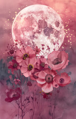 Lunar art piece about the power of the moon, floral surrealism, inspired by the pink moon or strawberry moon. Mystical and magical imagery for womans circles, lunar circles and red tents. 