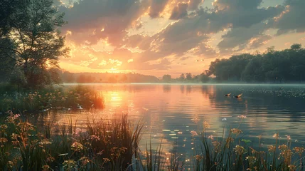 Fotobehang sunshine on the lake, Generative AI © 예슬 김