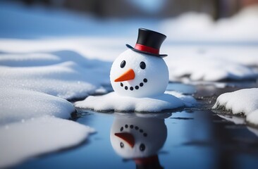 Melted cute snowman in puddle. - obrazy, fototapety, plakaty