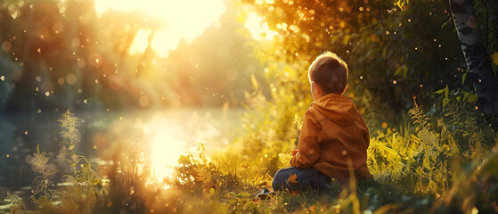 Children sitting by the water, beautiful bokeh background with golden sunlight. - obrazy, fototapety, plakaty