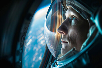 A cosmonaut wearing a costume looks into a porthole overlooking the blue planet earth from space....