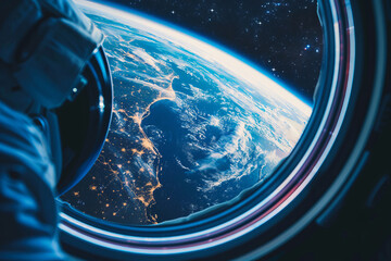 View from the cockpit of the space station from the window to the blue planet Earth

