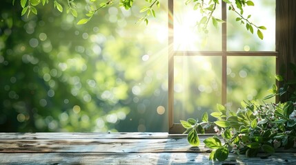 Desk of free space with green plant and window of spring time - obrazy, fototapety, plakaty