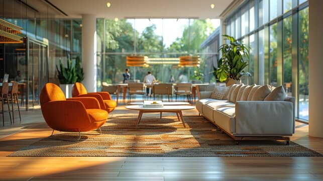 Modern bright office with an open, collaborative space, shared tables and comfortable lounging areas with sofas and armchairs