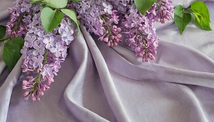 soft lavender silk fabric elegantly adorned with lilac blossoms vertically oriented - obrazy, fototapety, plakaty