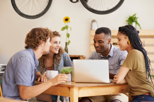 Students, group and happy friends on laptop in cafe, learning and education in university. Computer, team and diverse people in coffee shop for knowledge, discussion and studying together for test