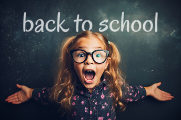 Fototapeta na wymiar Excited Girl with Glasses Against Back to School Chalkboard Background