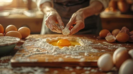 Selbstklebende Fototapeten the egg being separated into the flour © Lena