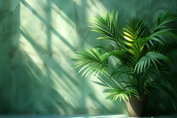 A potted plant with green leaves placed on floor in front of a window, creating a minimal abstract background, with copy space