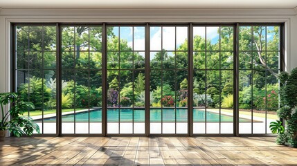 Large four pane window looking on summer backyard with pool and garden