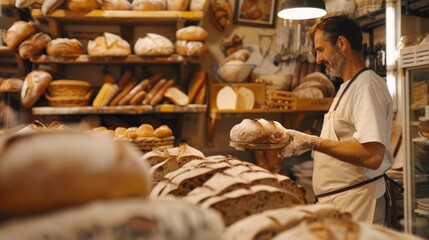 Artisan Baker with Freshly Baked Bread in Bakery
