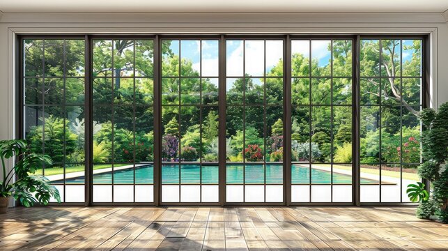 Large four pane window looking on summer backyard with pool and garden