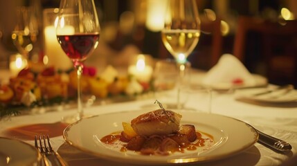 Fototapeta premium Romantic Wine and Dine Setting with Gourmet Cuisine 