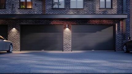 Modern parking garage in residential brick house for cars with grey roller shutters on gates....