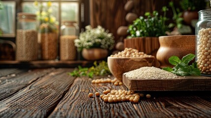 Variety of soy products arranged neatly on a wooden surface