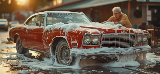 Elderly person washing vintage car